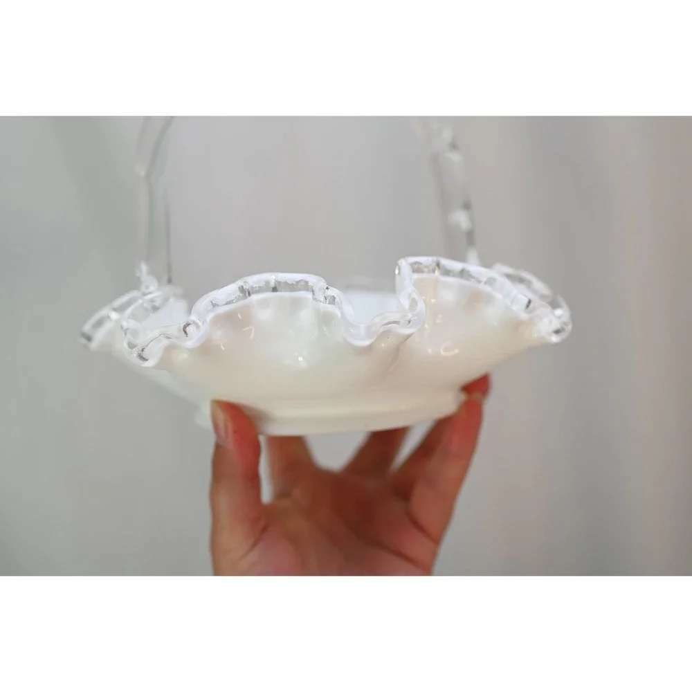 Fenton Silvercrest Ruffled Milk Glass Basket Clear Edge Vintage Art Glass 7.25